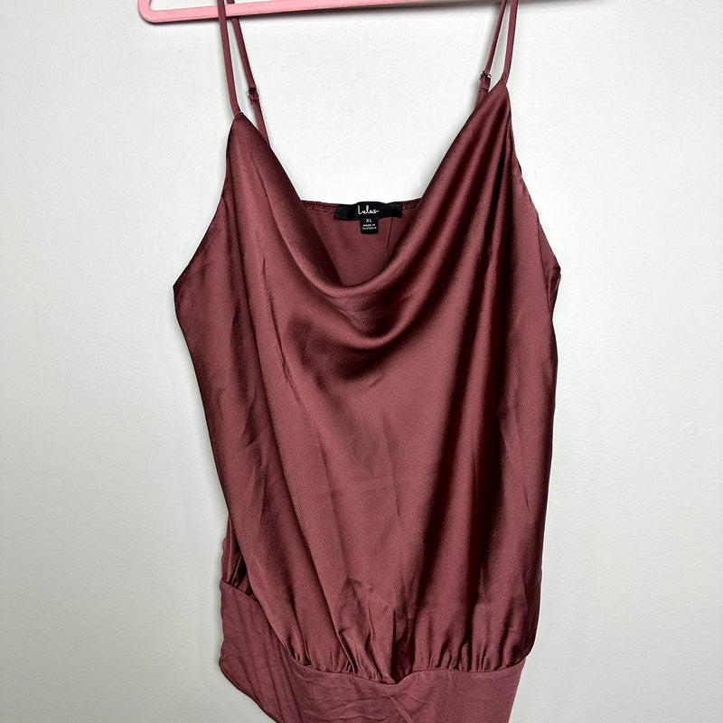 Lulus NWT Emmerson Satin Sleeveless Cowl Neck Cami Tank Bodysuit Mauve