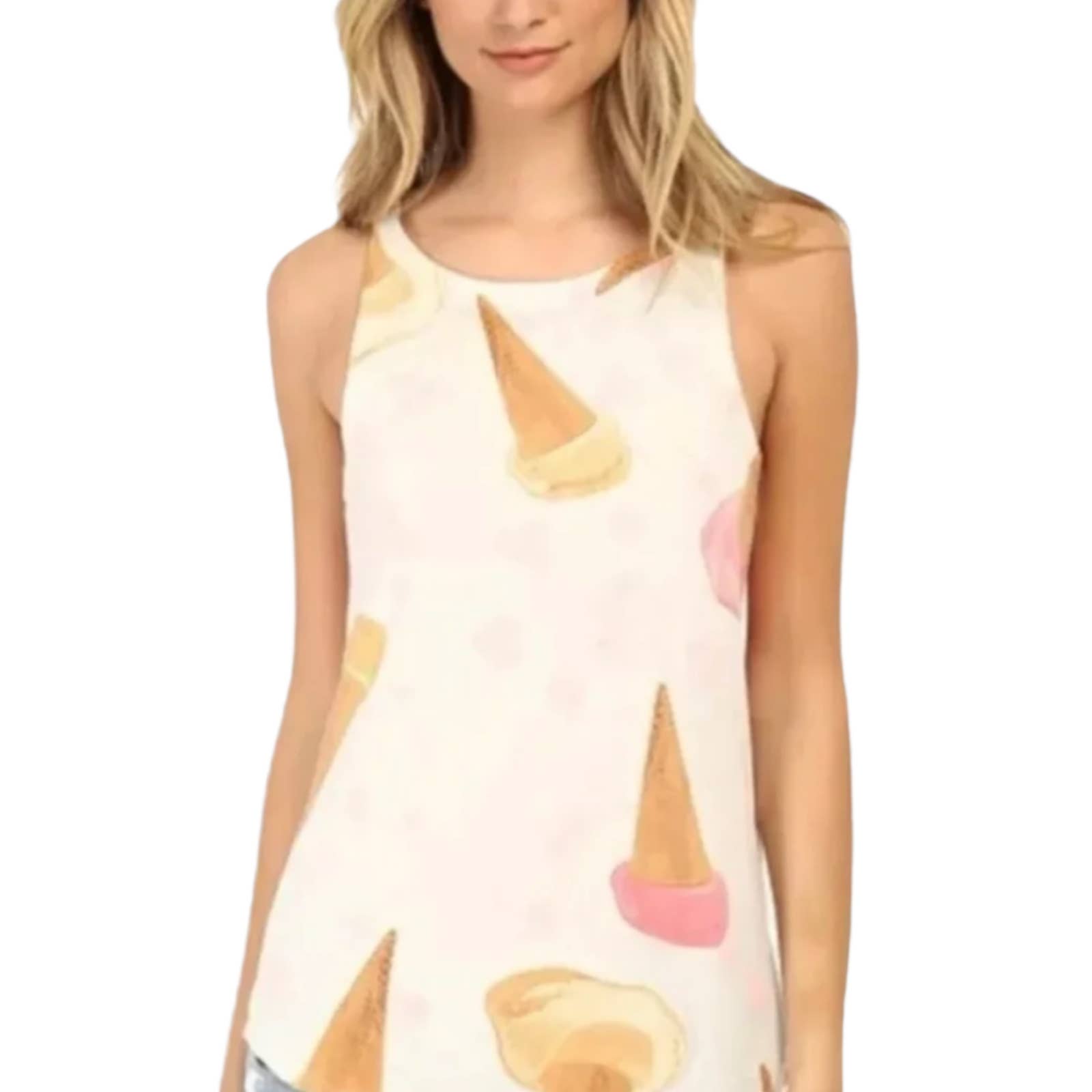 Chaser NWT Ice Cream Cone Sleeveless Crew Neck Shirttail Tank Top Cream Sz Small