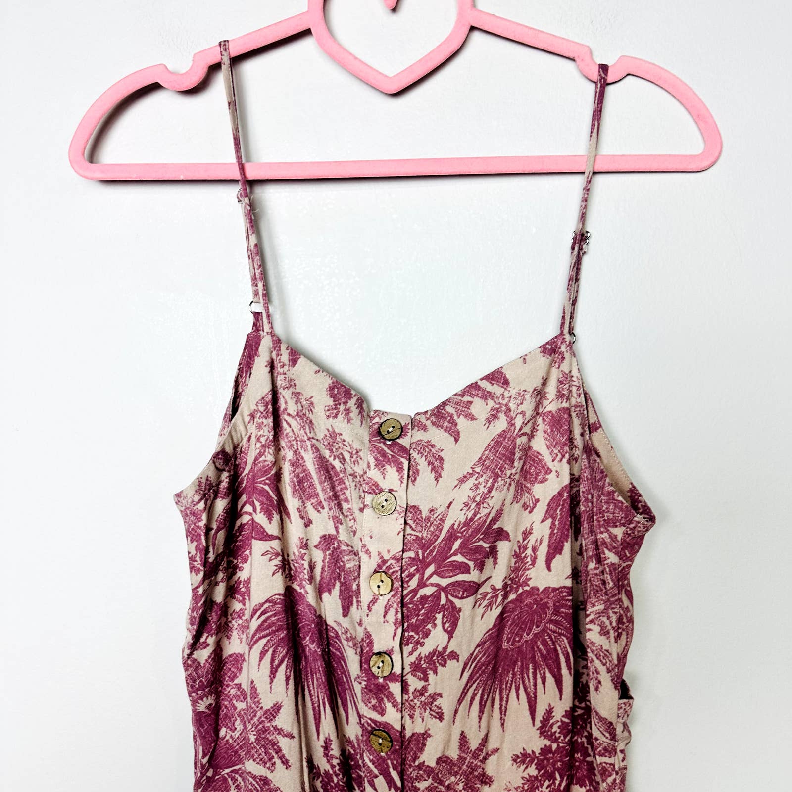 Chaser NWT Button Front Spaghetti Straps Floral Cutout Knot Jumpsuit Pink Small
