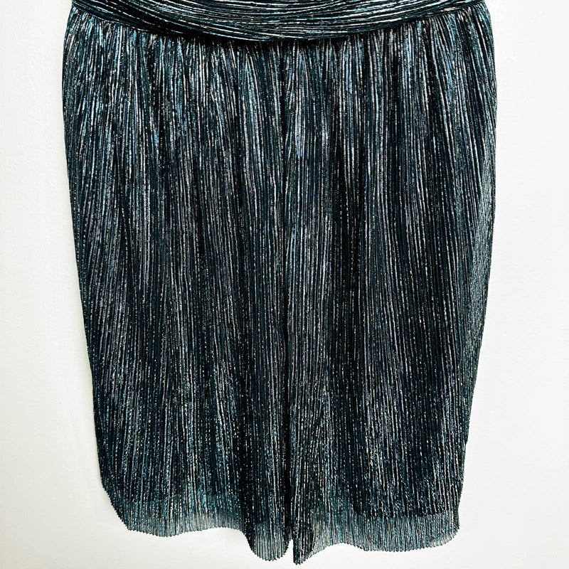 Lulus NWT Ailey Plunge V-Neck Metallic Skater Dress Gold & Teal