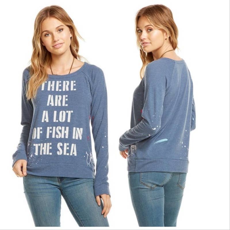 Chaser NWT Fish In The Sea Scoop Neck Raglan Long Sleeve Top Blue Size Medium