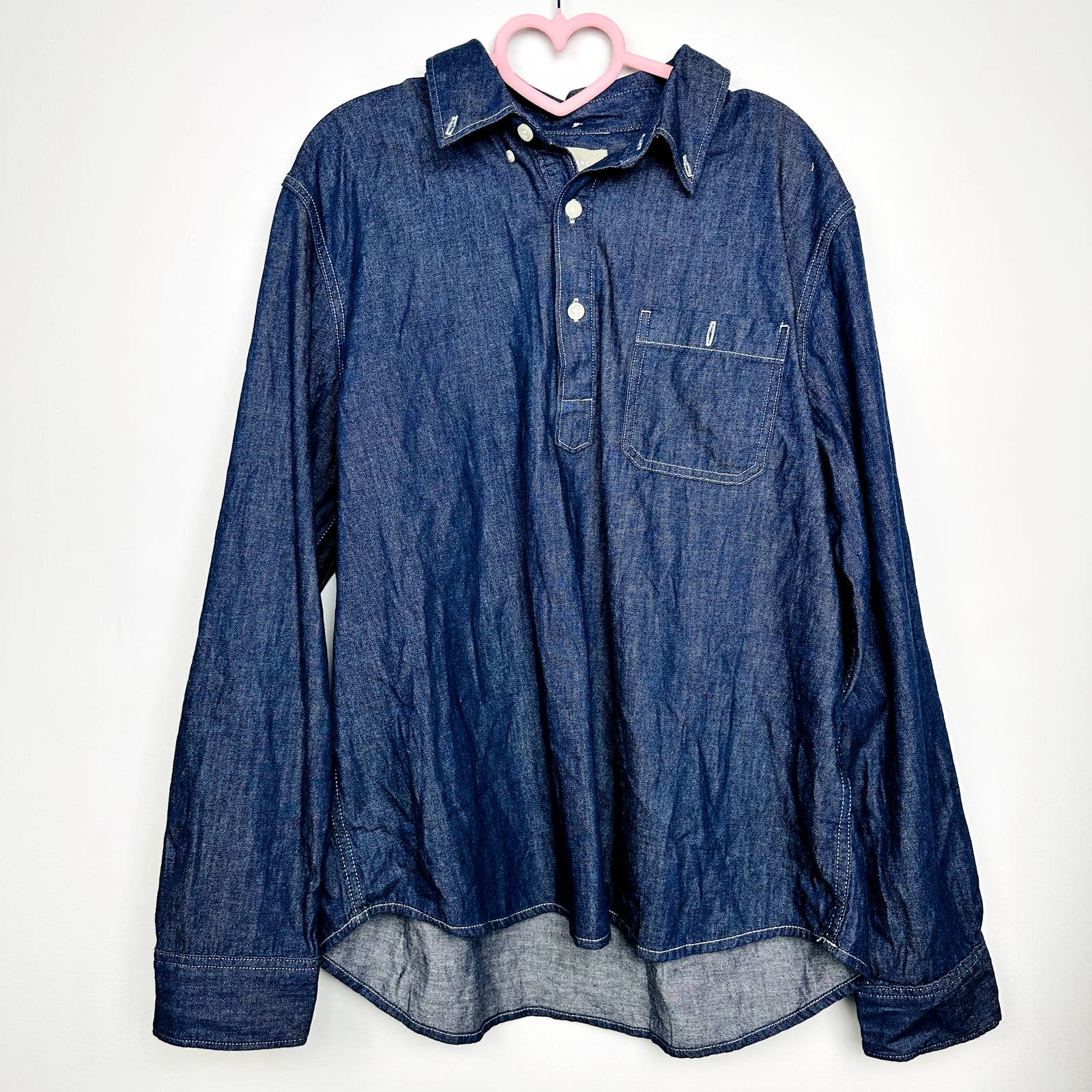 Everlane NWT The Denim Popover Button Front Pullover Shirt Dark Indigo Sz Large