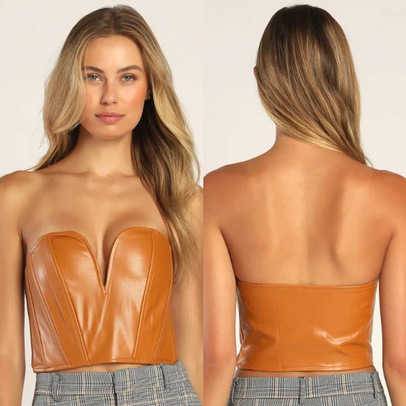 Lulus NWT Fierce Favorite Vegan Leather Strapless Bustier Crop Top Brown