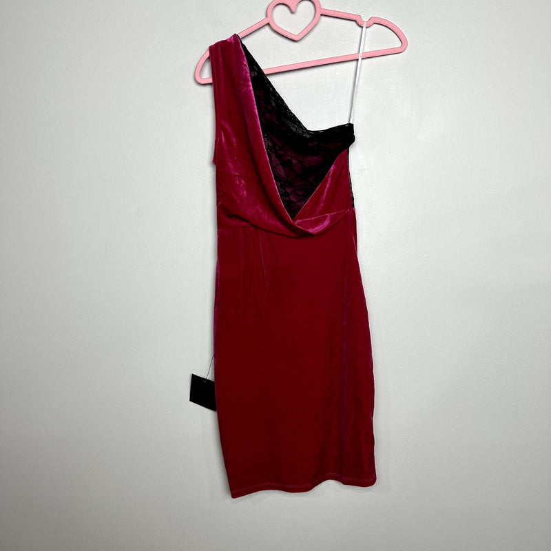 Lulus NWT All The Luxe Velvet Lace One-Shoulder Tulip Mini Dress Hot Pink