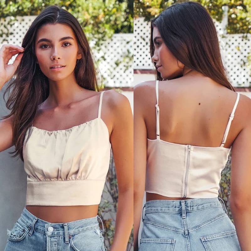 Lulus NWT Luxe'd Out Satin Silk Scoop Neck Cropped Tank Top Champagne Sz Medium