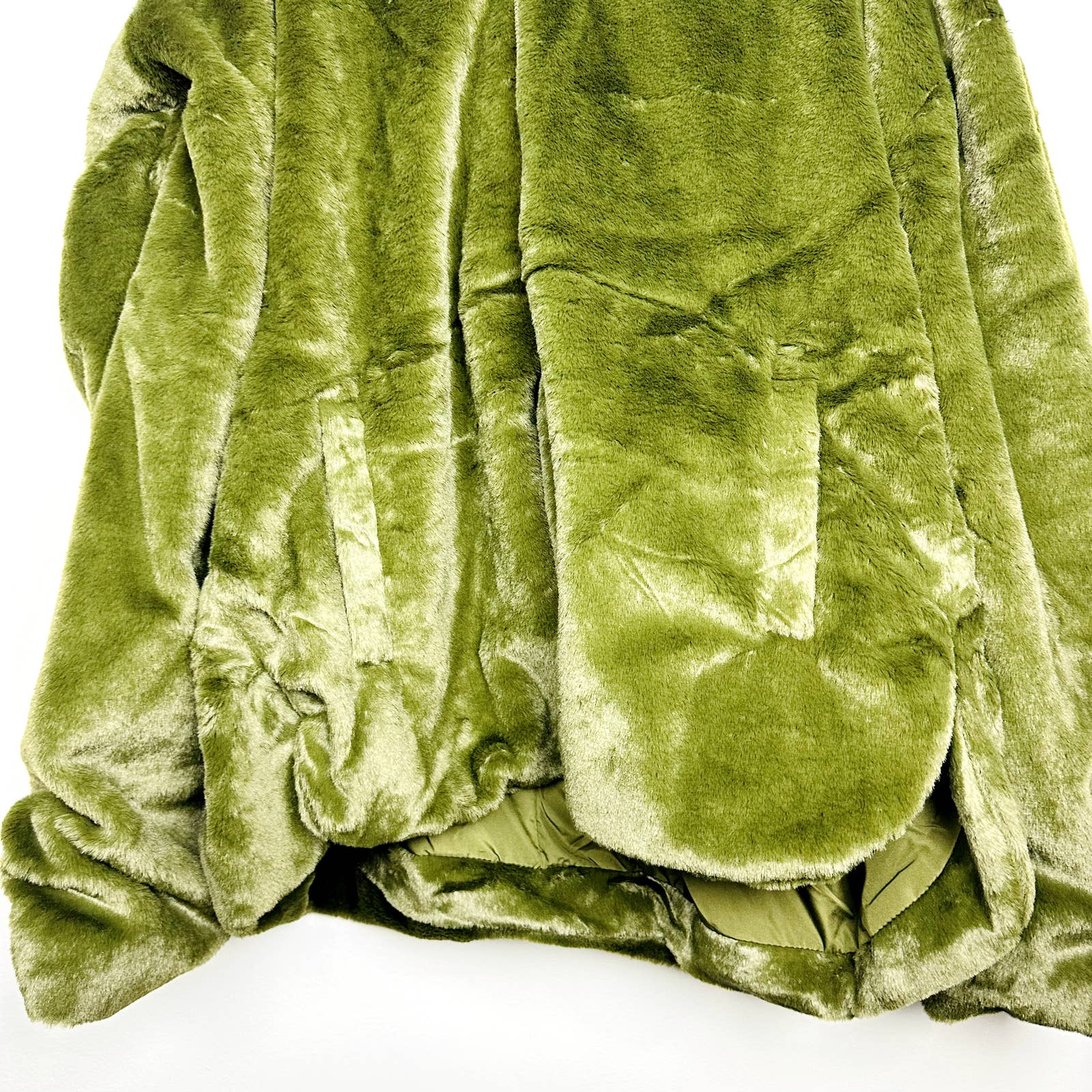 Lulus NWT Deluxe Diva Faux Fur Cozy Oversized Full Zip Hooded Jacket Olive Sz XL