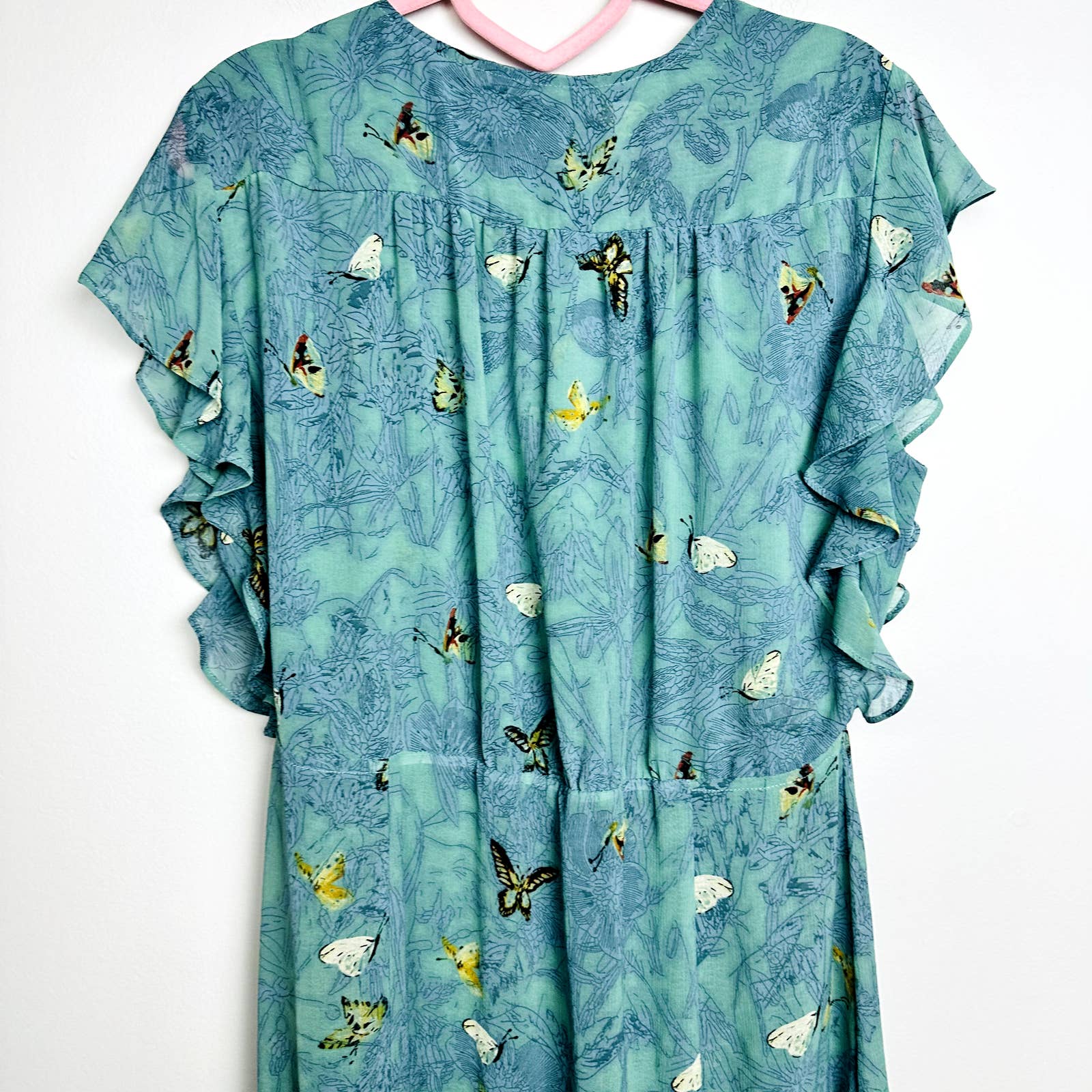 Anthropologie Feather Bone Floral Butterfly Ruffles Wrap Dress Green Large