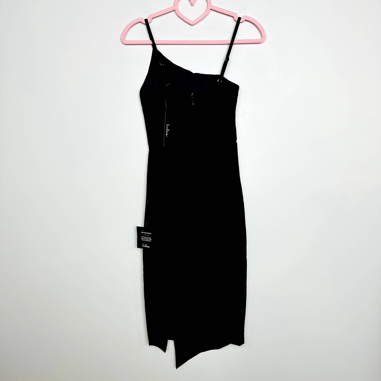 Lulus NWT Shape The Night Asymmetrical Neck Slit Midi Bodycon Dress Black Sz XS