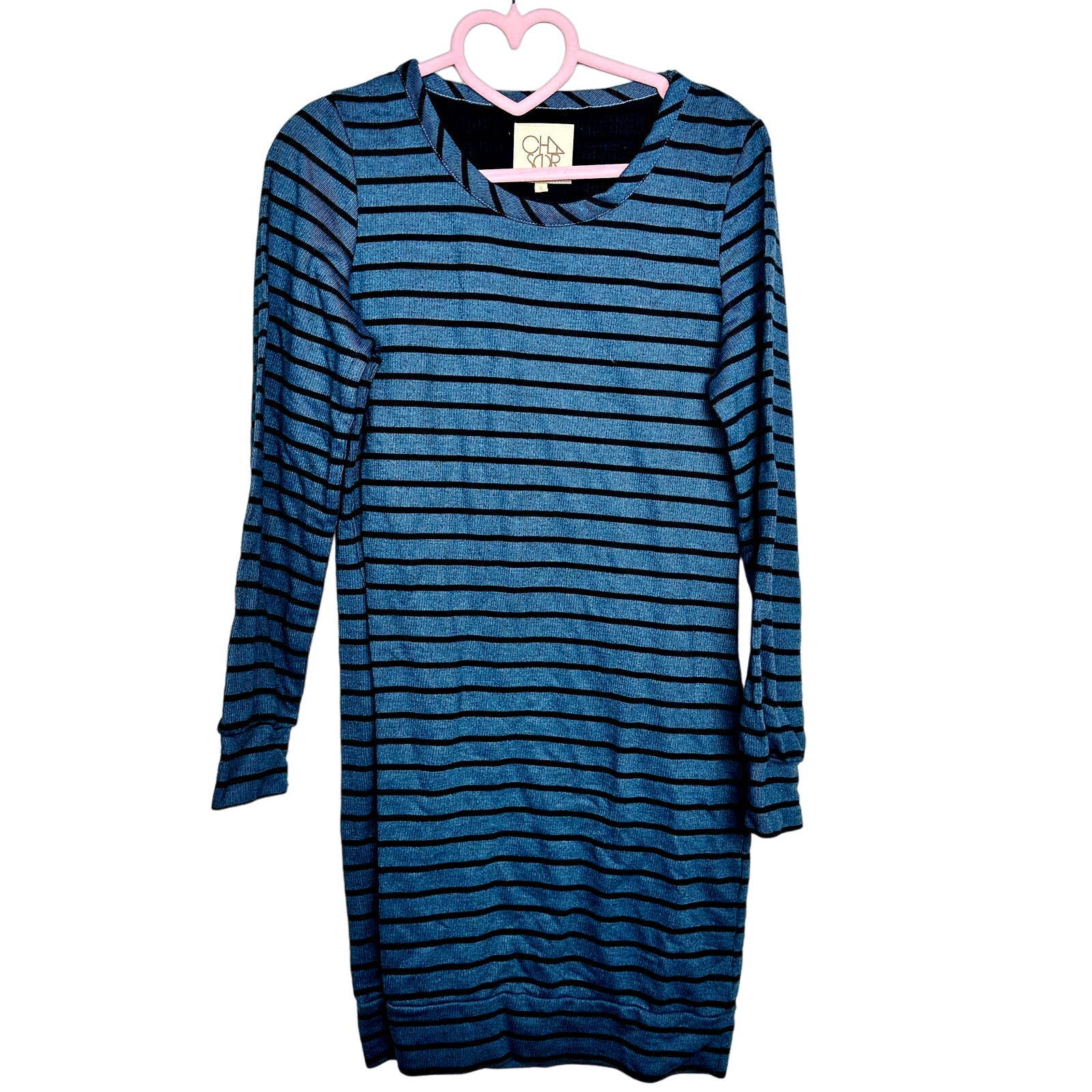 Chaser NWOT Stripes Long Sleeve Crew Neck Shift Sweater Dress Teal Size Small