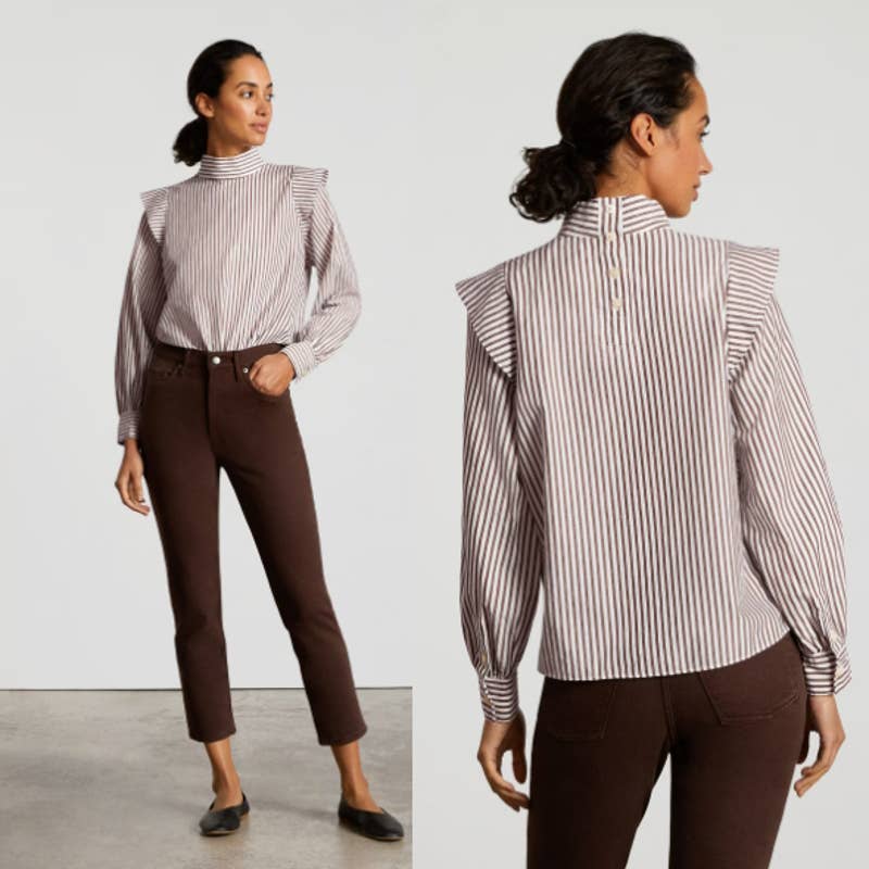 Everlane NWOT Wing Shoulder Mockneck Stripes Long Sleeve Top Pecan White Size 4