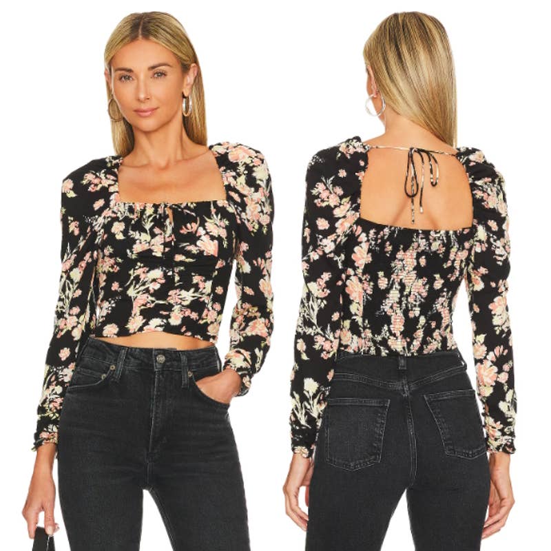 Free People NWT Hilary Floral Print Puff Sleeves Cropped Top Black Combo Medium