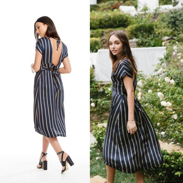 Chaser NWT Silky Basic Button Front Cap Sleeve Open Back Midi Dress Blue Small
