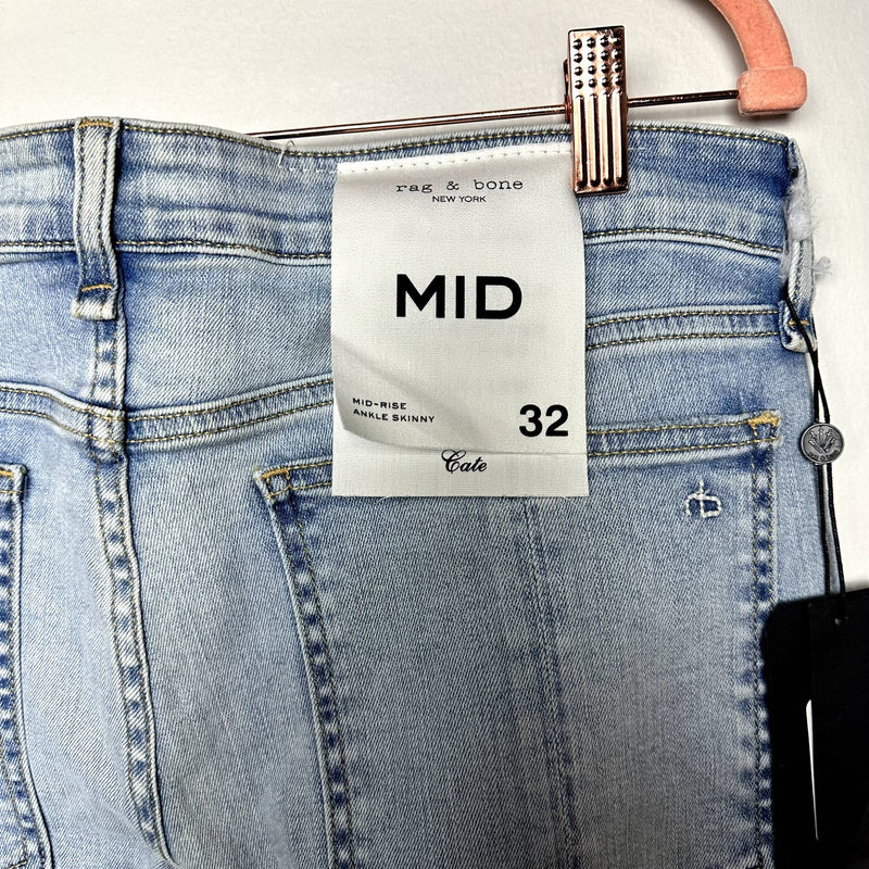 rag & bone NWT Cate Mid-Rise Ripped Raw Hem Ankle Skinny Jeans Montauk Size 32
